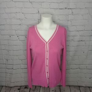 Pendleton Cardigan Ribbed Pink White Trimmed Silk Blend Sweater Sz Small